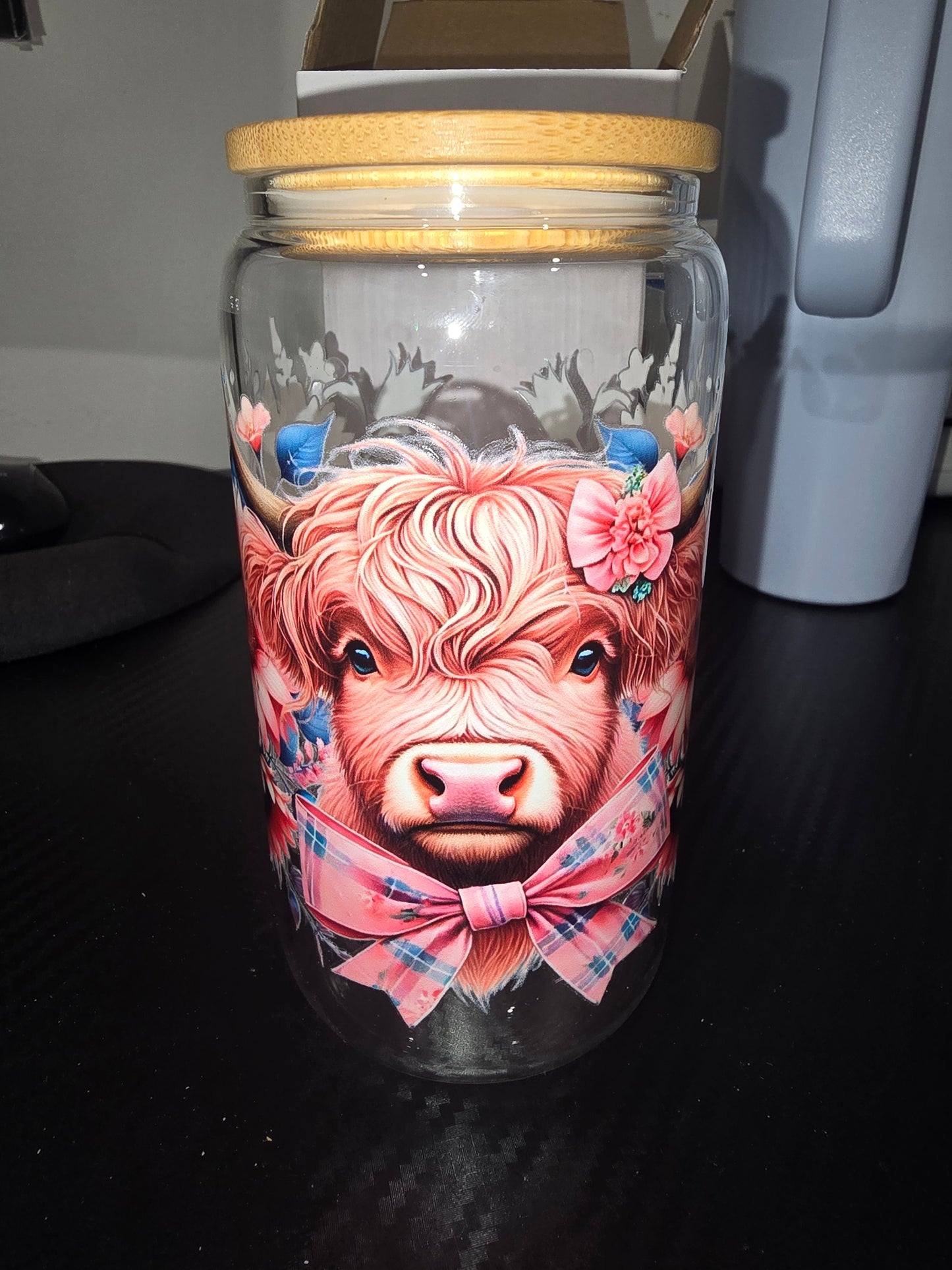16oz clear glass can - pink and blue cow