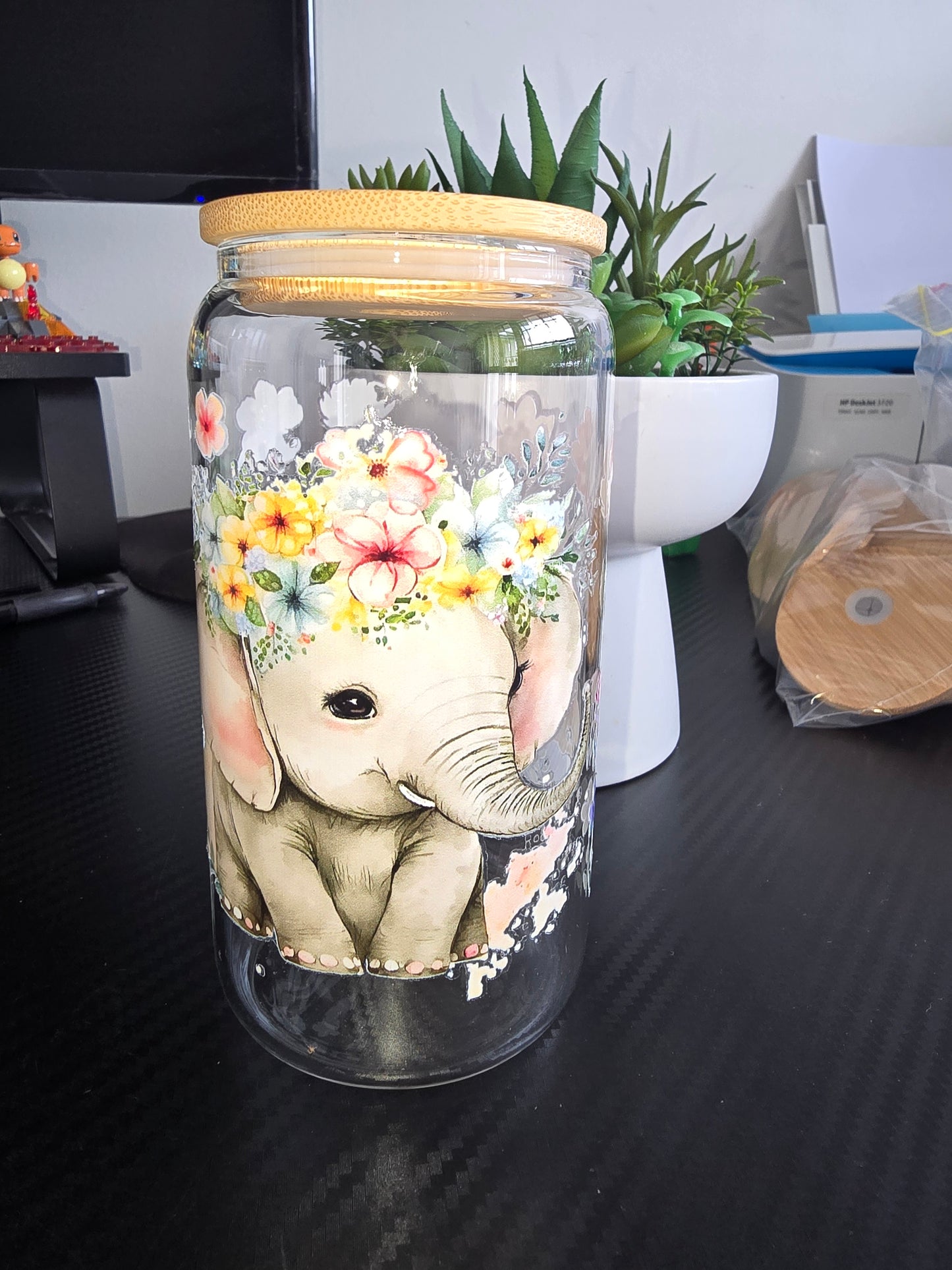 16oz clear glass can - Baby elephant