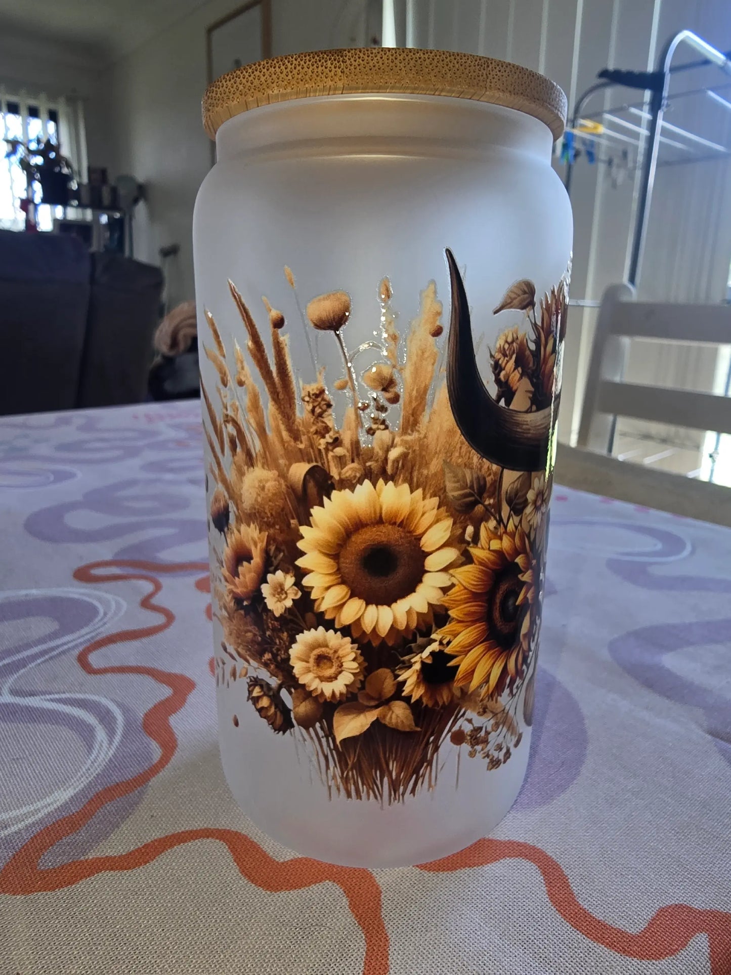 16oz frosted glass can - Cow skull and sunflowers