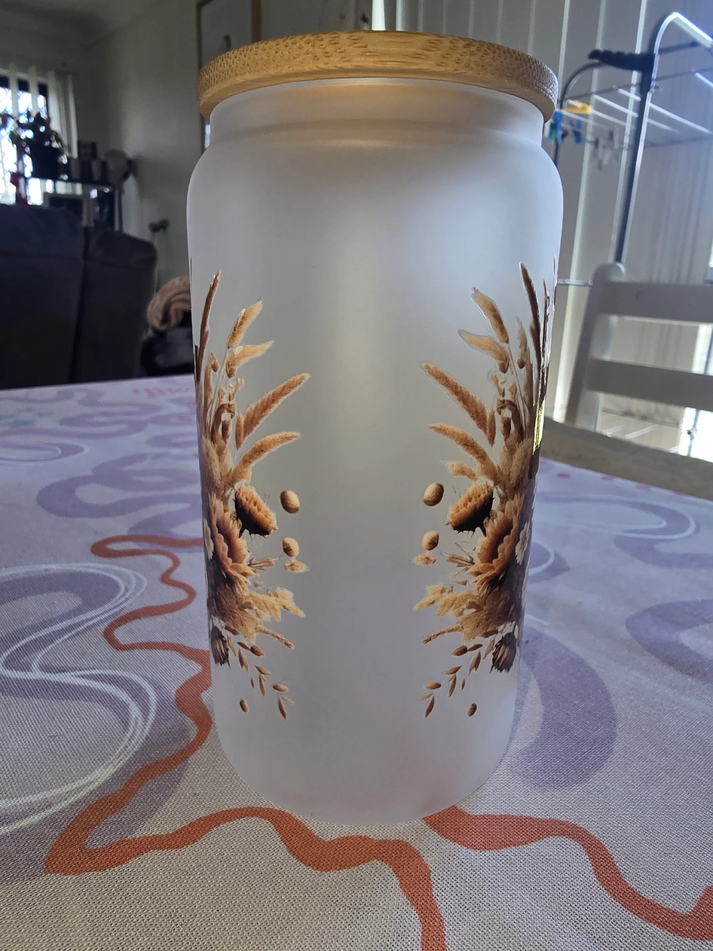 16oz frosted glass can - Cow skull and sunflowers