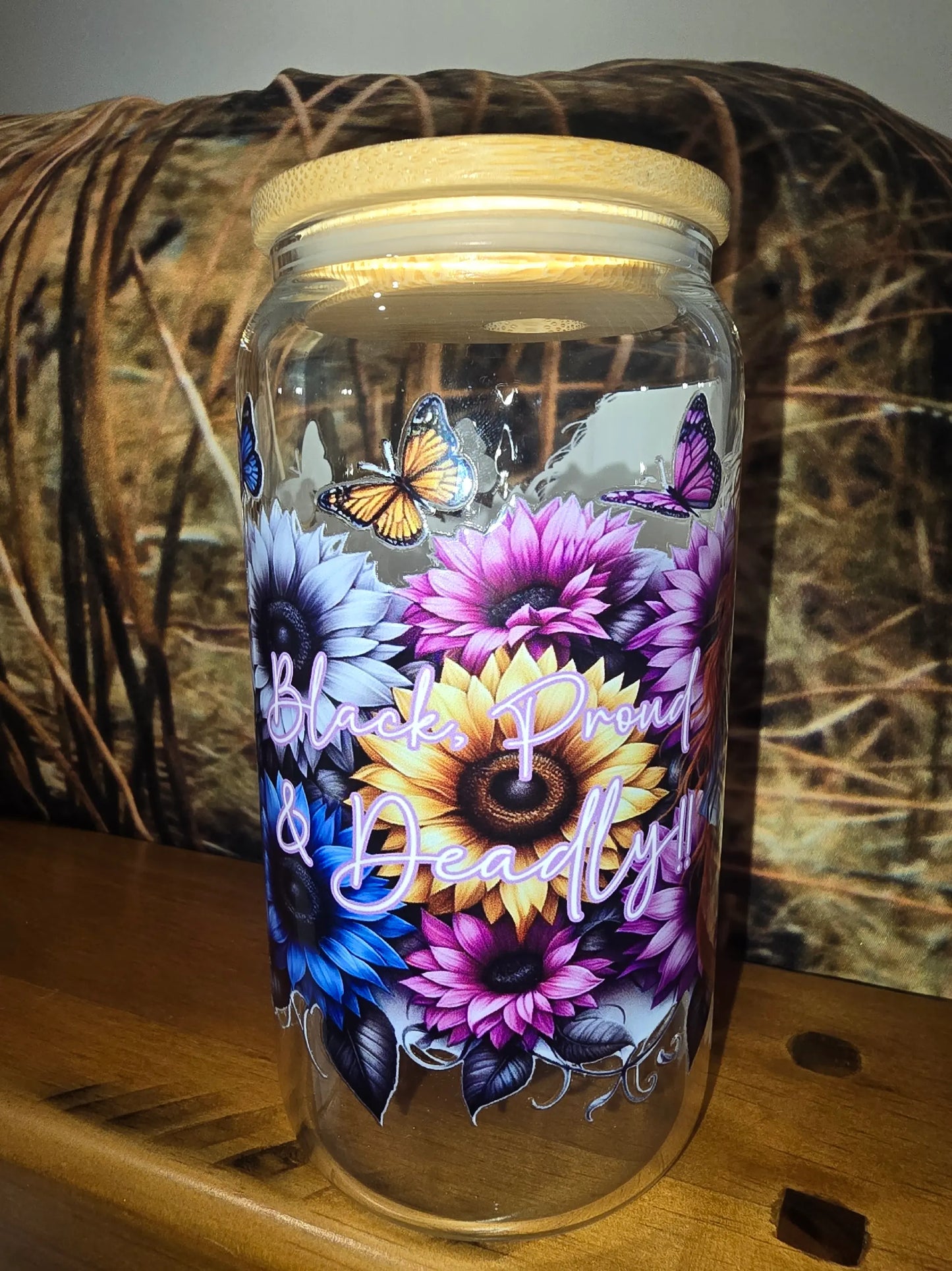 16oz clear glass can - black, proud and deadly