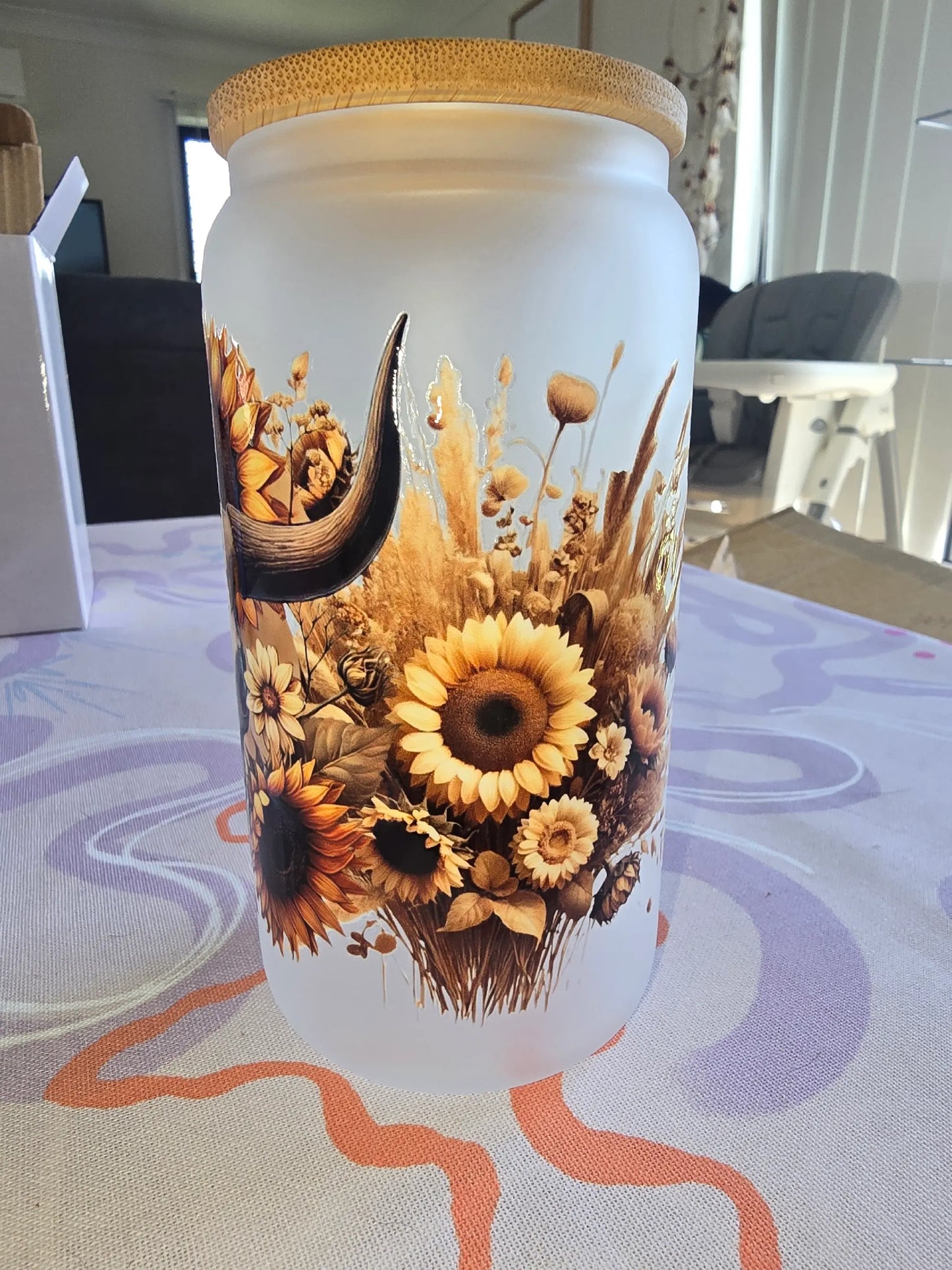 16oz frosted glass can - Cow skull and sunflowers