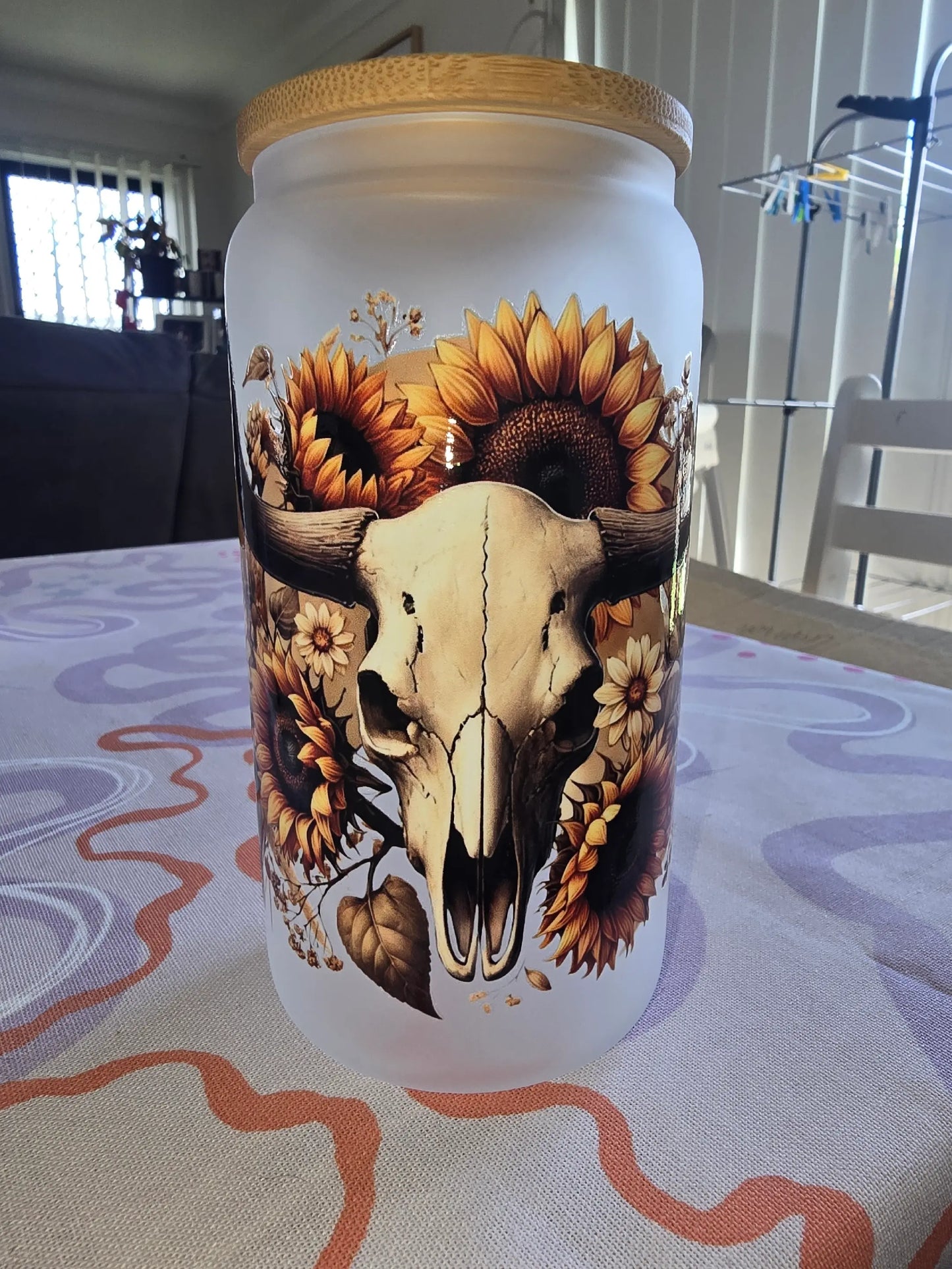 16oz frosted glass can - Cow skull and sunflowers