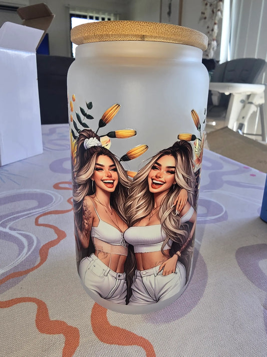 16oz frosted glass can - Sunflower and ladies