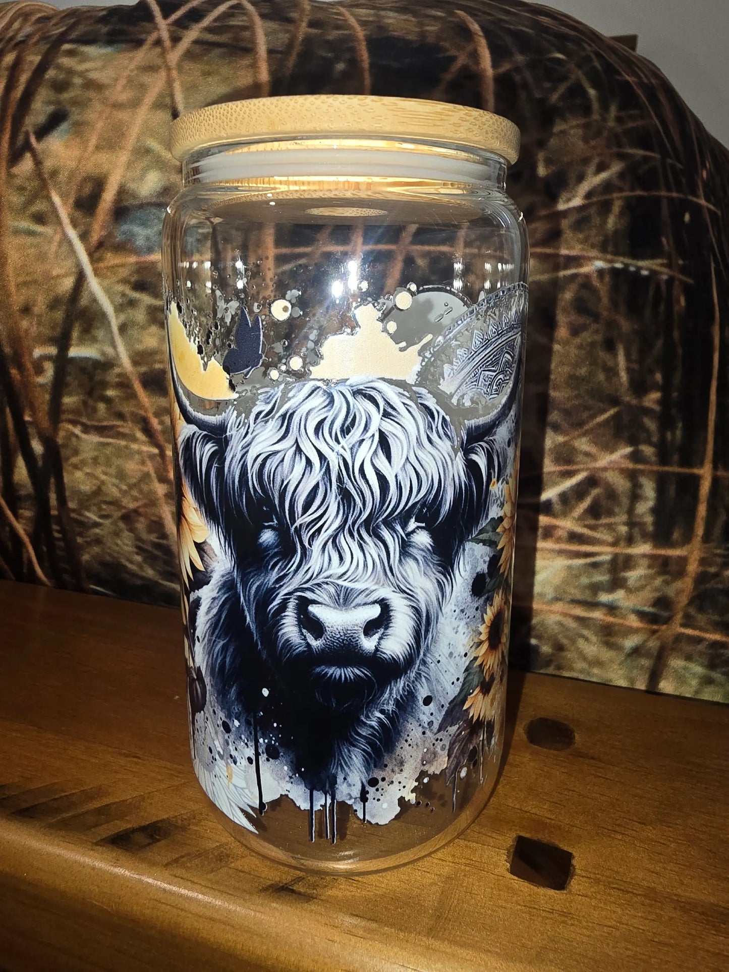 16oz clear glass can - Highland cow
