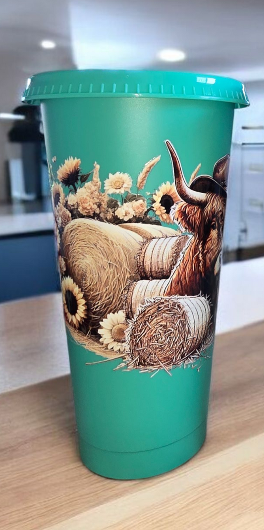 24oz acrylic cup - highland cow/green