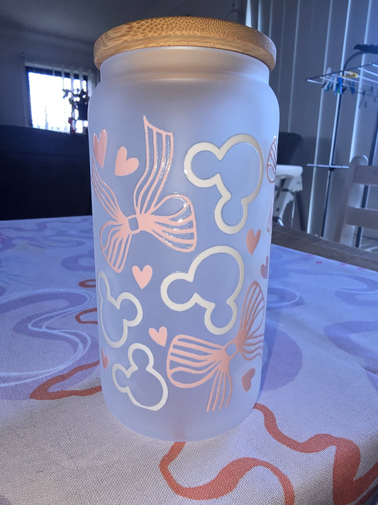 16oz frosted glass can - pink and white mama