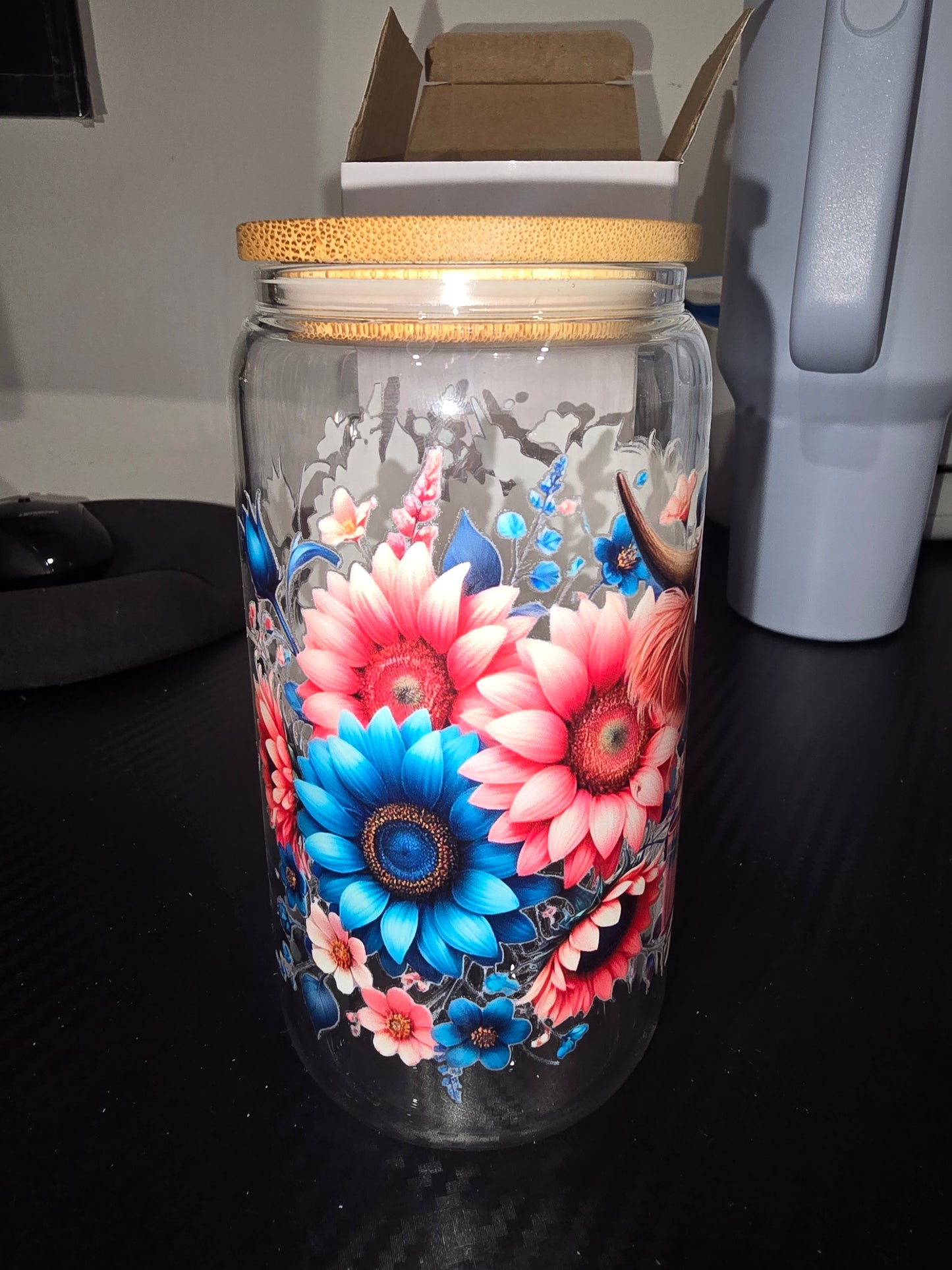 16oz clear glass can - pink and blue cow