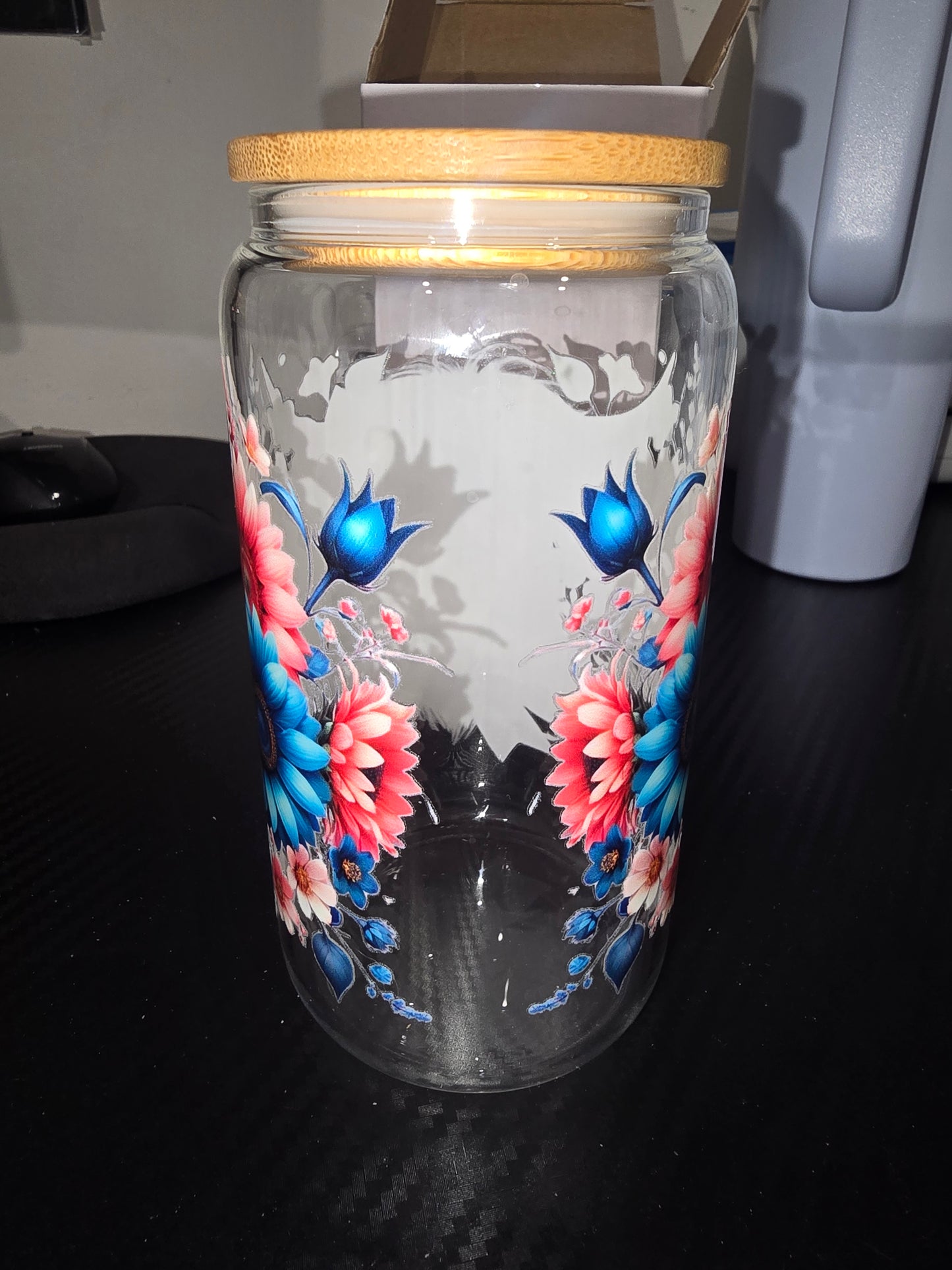 16oz clear glass can - pink and blue cow