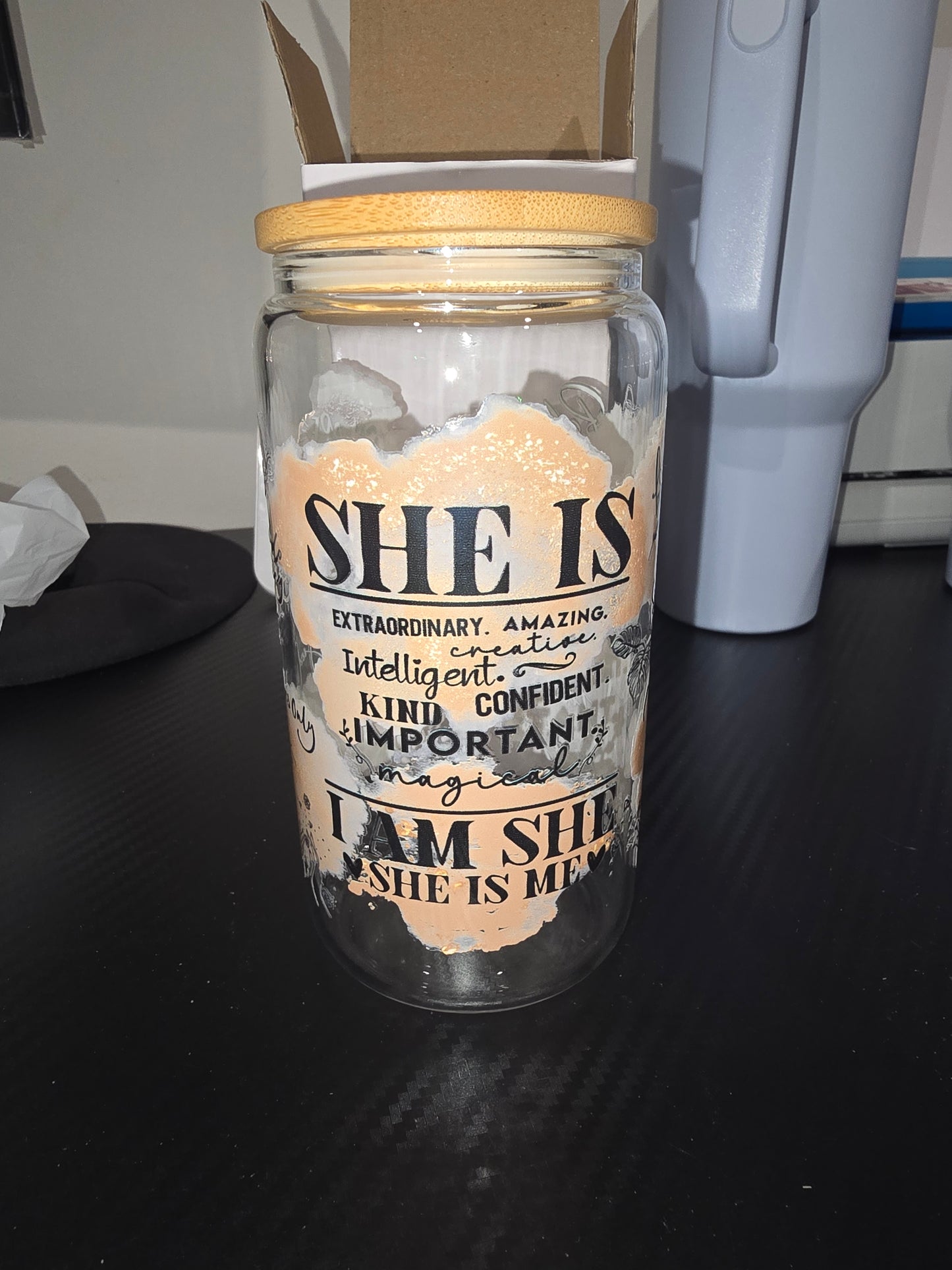 16oz clear glass can - She is affirmations