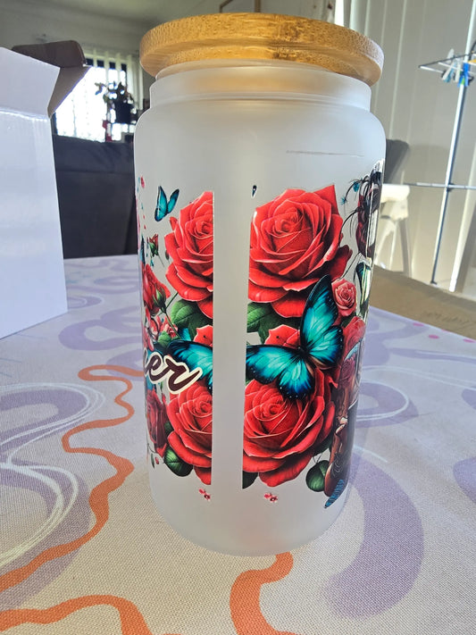 16oz frosted glass can - Small business owner red