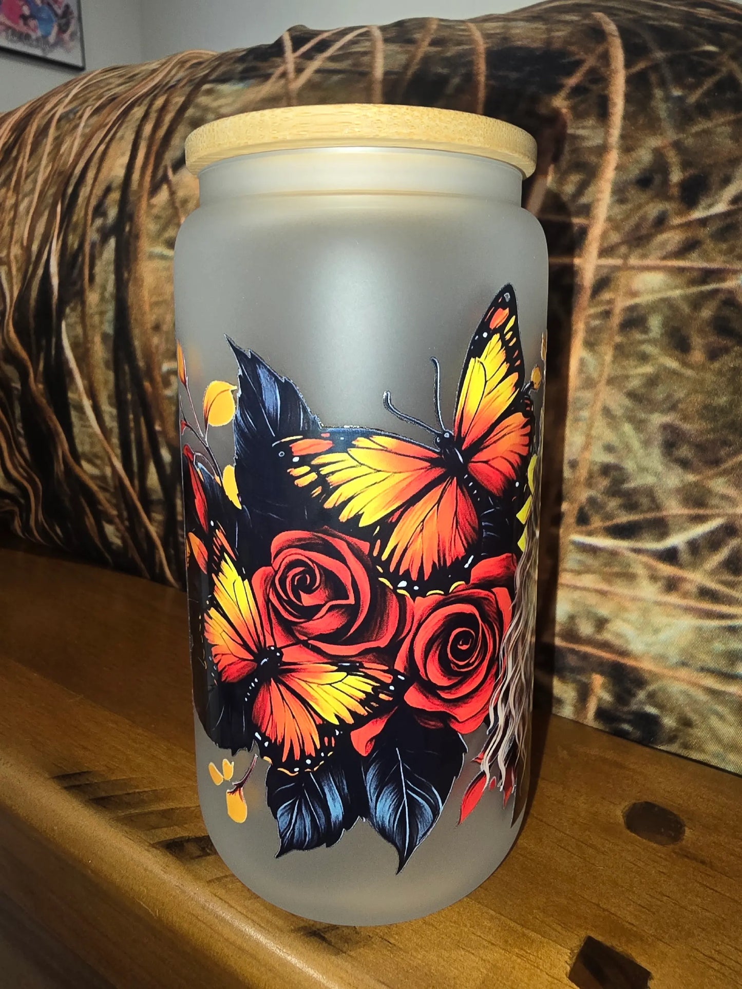16oz frosted glass can - floral yorga