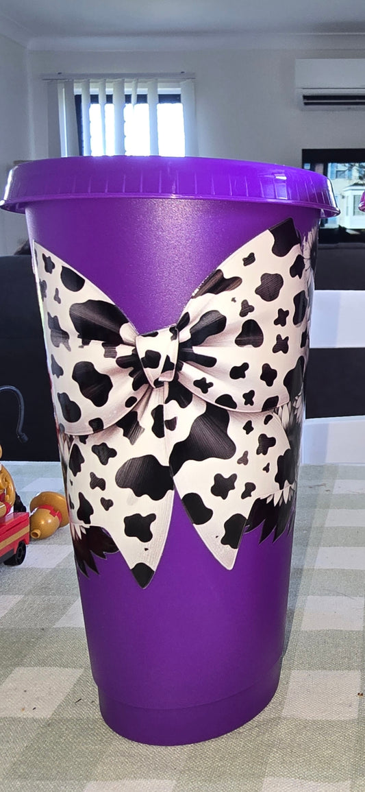 24oz acrylic cup - cow print bow/purple