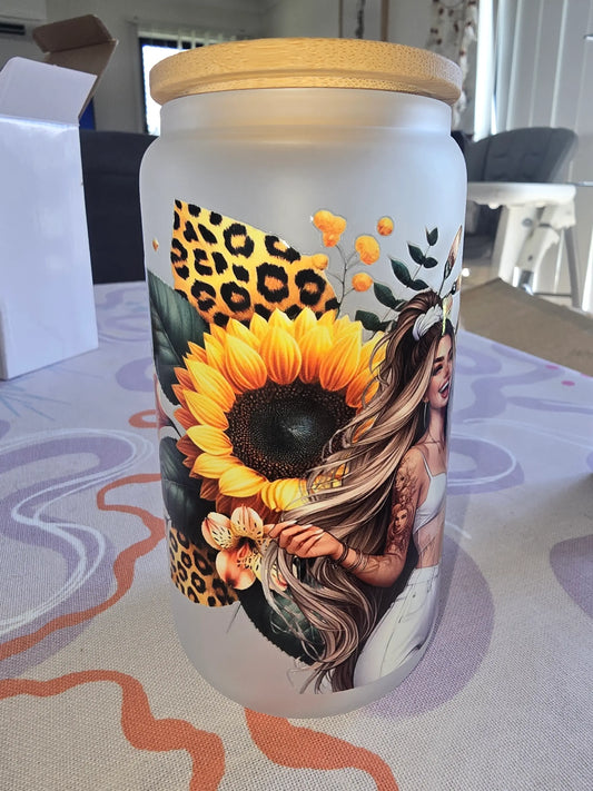 16oz frosted glass can - Sunflower and ladies