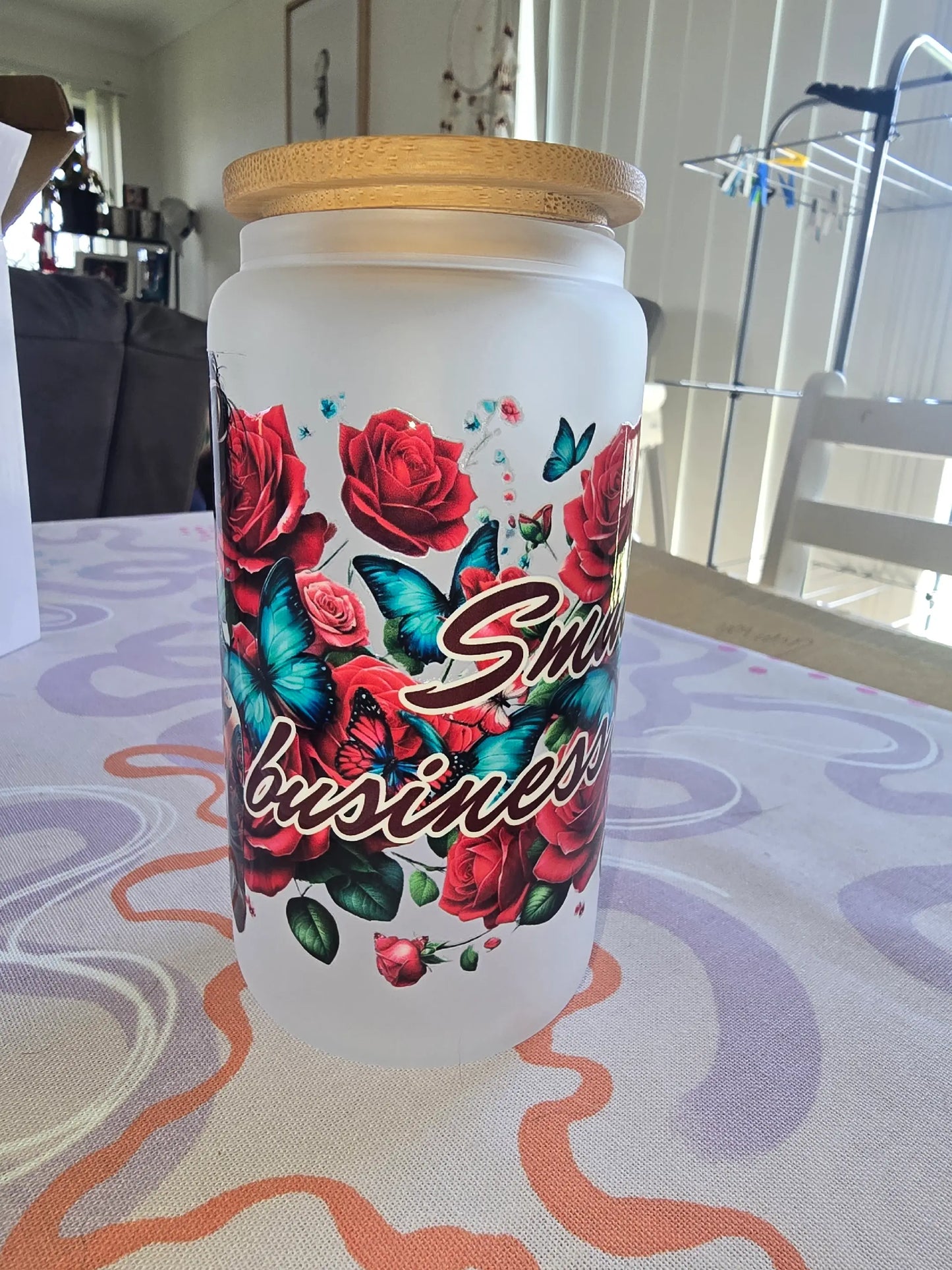 16oz frosted glass can - Small business owner red