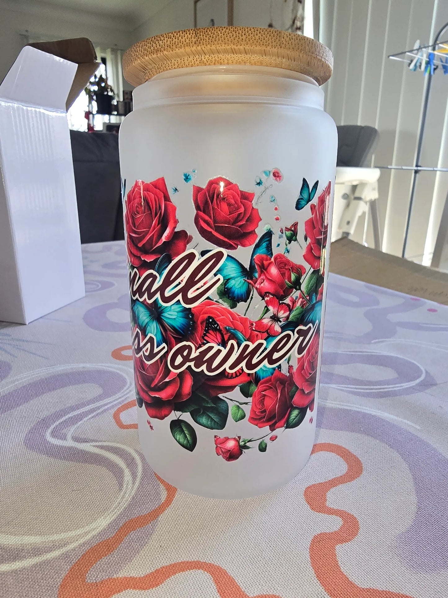 16oz frosted glass can - Small business owner red